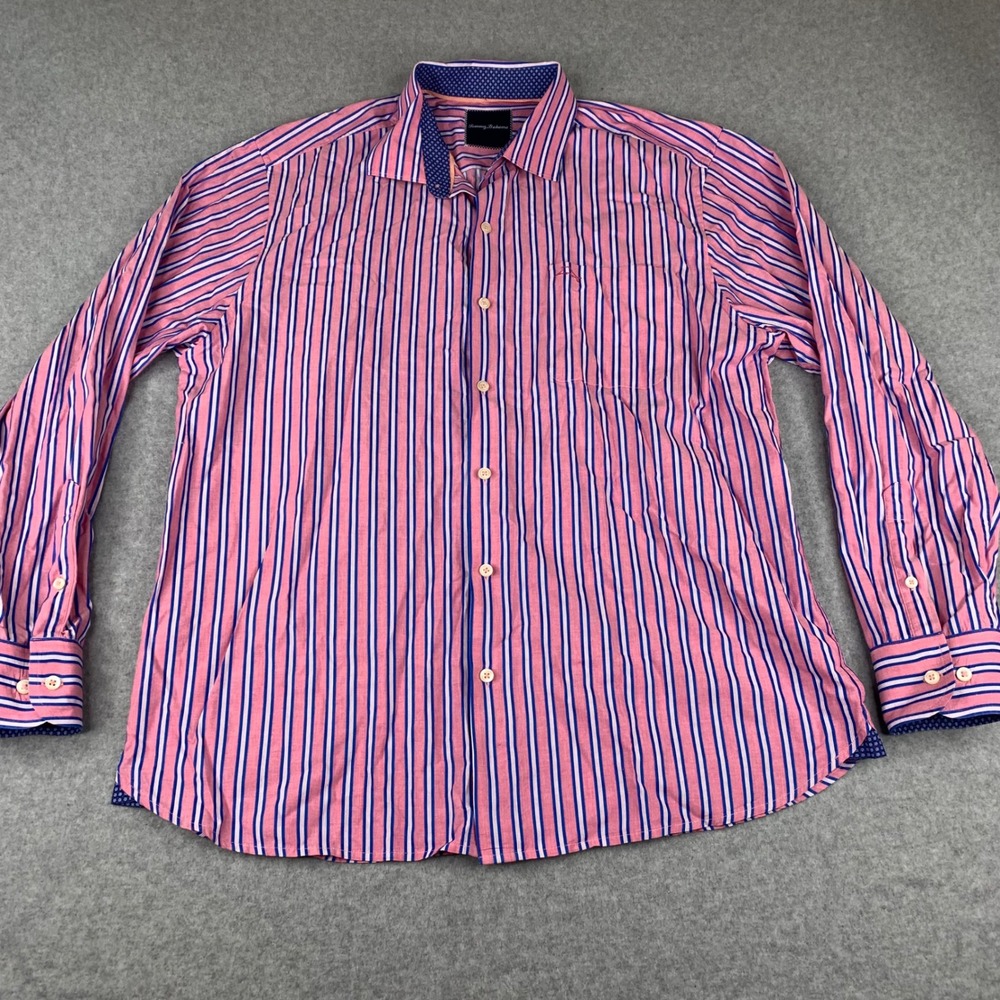 Tommy Bahama Button Up Shirt Mens Large Pink Striped Pima Cotton Long Sleeve